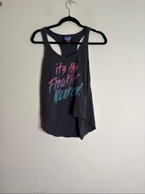 Junk Food Clothing Black Racerback Tank with Pink and Teal Script